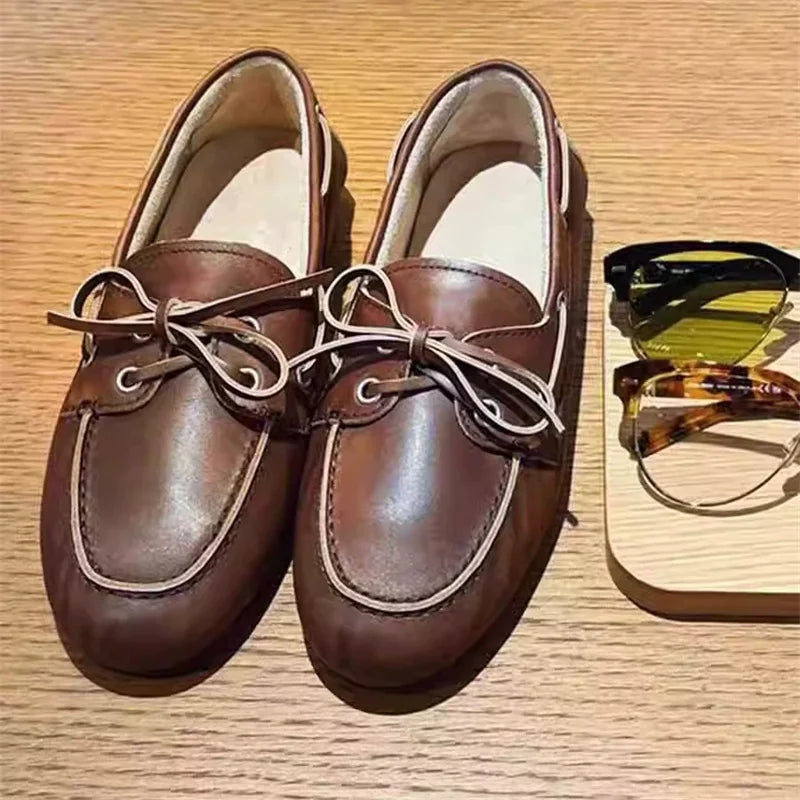 Women Flats Round Toe Butterfly-knot Strap Retro Elegant Slip On Daily Comfort Casual Loafers Flats