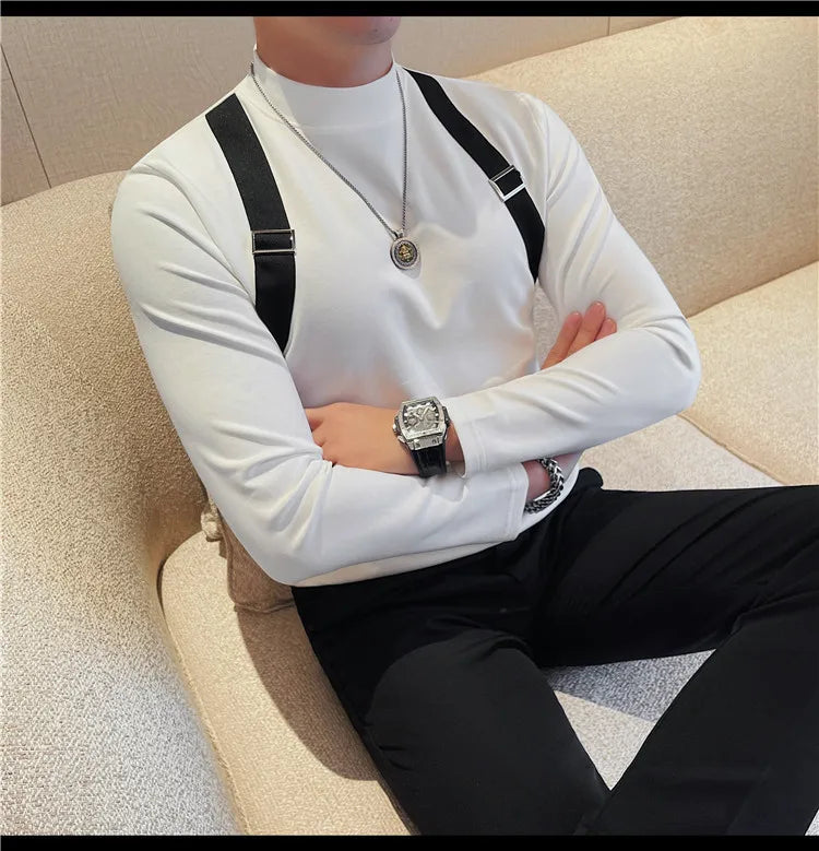Men's Strap Long-Sleeved T-shirt For Autumn and Winter, Slim Fit Half Turtleneck Bottoming Shirt, Fashion City Knitwear