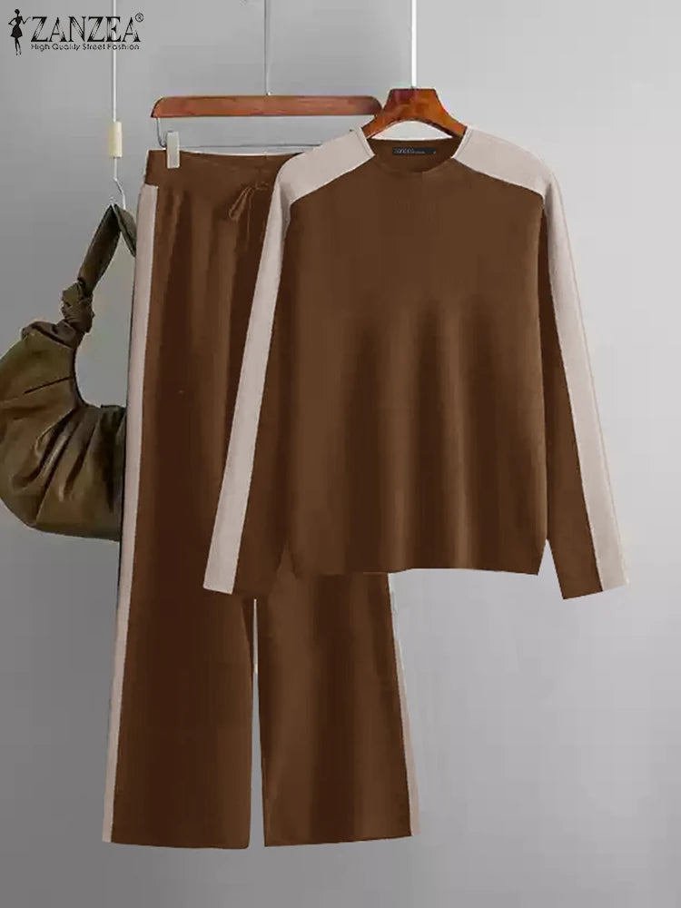 Casual Colour-Blocked Panels Women Pant Sets 2025 Spring Long Sleeve T-shirts Wide Leg Pant 2pcs Outfits Daily Tracksuits