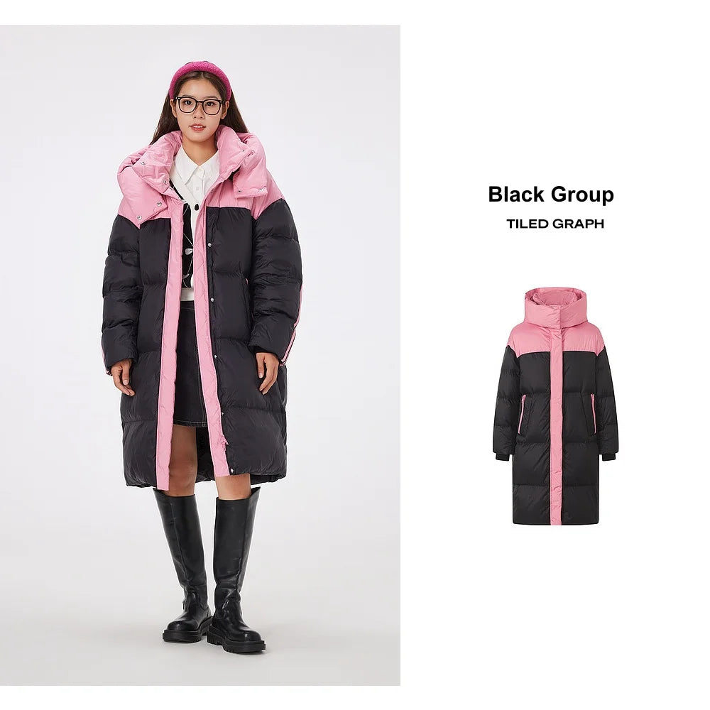 Women's Knee-Length Padded Coat With Detachable Hood, Stylish Colour-Blocking Windproof, Warm Duck Down Jacket For ladies
