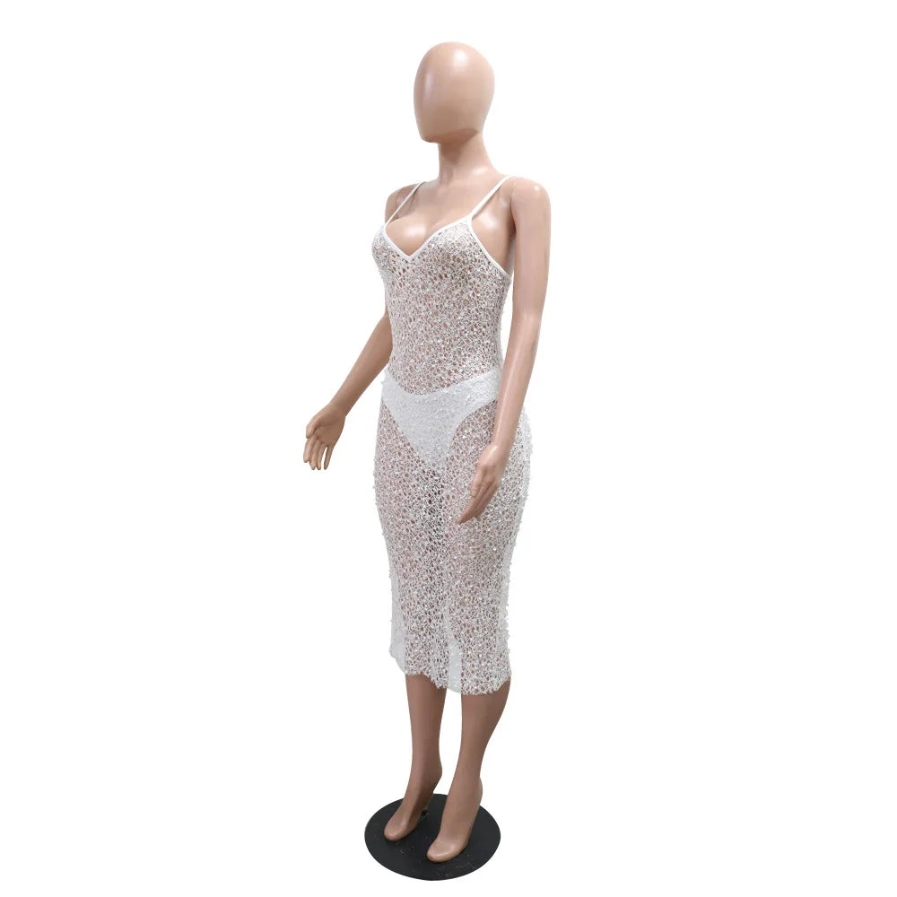 Women's Sexy See Through Sheer Mesh Sleeveless Spaghetti Strap Sequin Decor V Neck Dress with Briefs