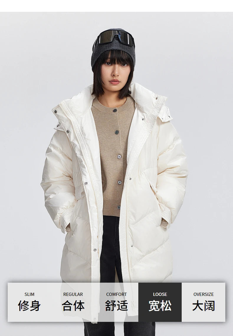 Women's Winter Down Jacket Duck Down Detachable Hood Puffer Coats, Simple Korean Style Mid-Length Jacket for Ladies