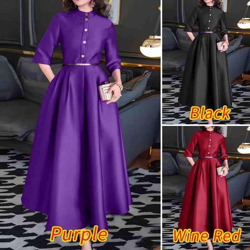 Elegant Women Party Maxi Dresses 2025 Autumn Fashion Stand Collar 3/4 Sleeve Half-Button Fitted Waist A-Line Robes Femme