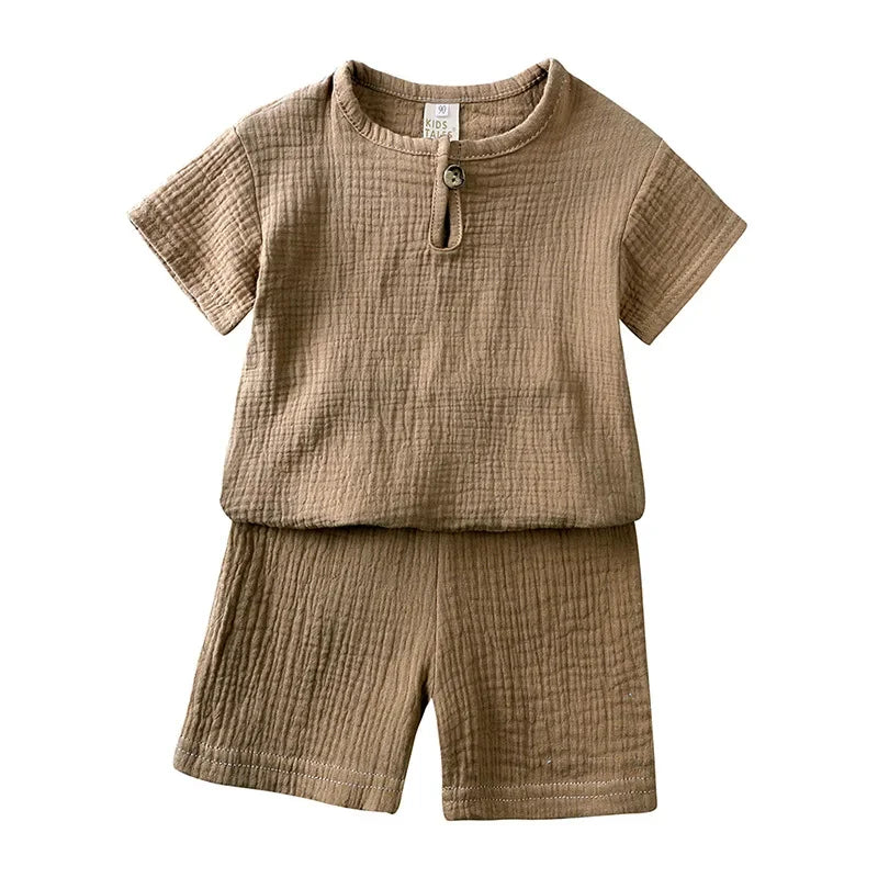 2025 Zomer 100% Katoen Baby Jongen Meisje 2-delige Set Effen Korte Mouw Shirt Casual Peuterpak 1-7T Unisex