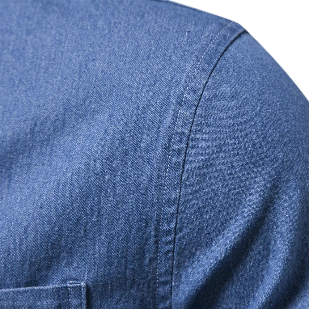Men's Autumn Cotton Denim Shirt Solid Colour Single Pocket Casual Long Sleeve Jeans Shirt for Men