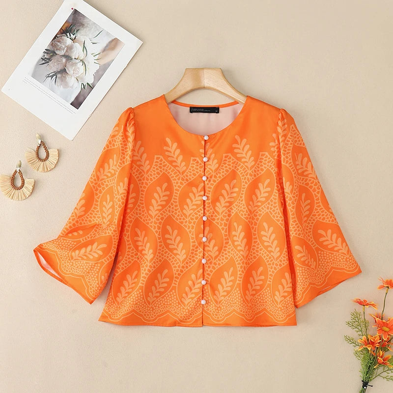 Casual Printing Shirts Women 2025 Autumn Elegant O-Neck Three Quarter Sleeve Button Up Chemises Femme Everyday Wear Tops