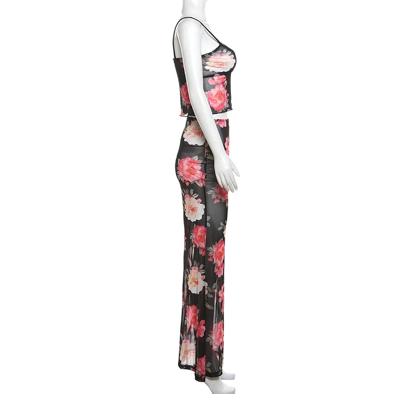 Women's Floral Print 2 Piece Set Slits Slim Long Skirt + Low-Neck Camisole 2025 Vacation Matching Fashion Elegant Hipster Suits