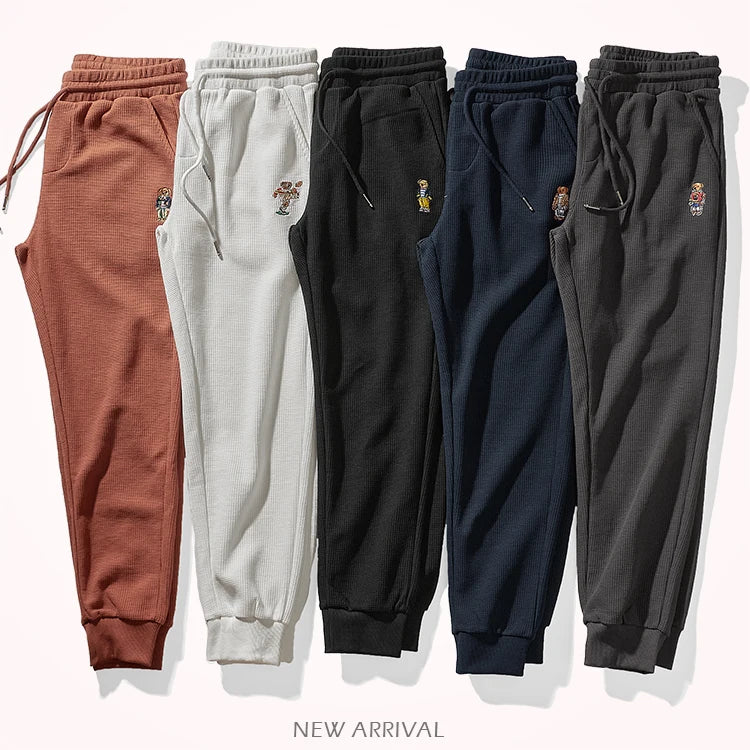 Autumn American Simple Waffle Embroidery Sweatpants Men's Fashion Pure Cotton Loose Elastic Waist Drawstring Sport Casual Pants