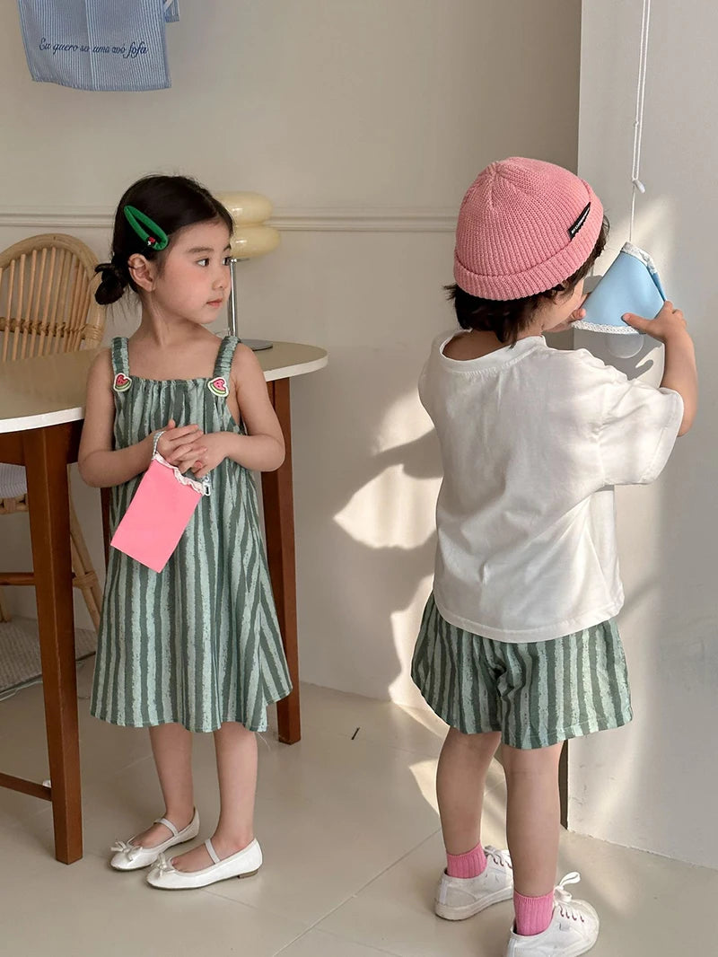 Children's Summer Clothes 2PCs Set Boys' Pure Cotton Striped Tee and Shorts Suit Cute Girls Suspenders Dress Siblings' Outfit Unisex