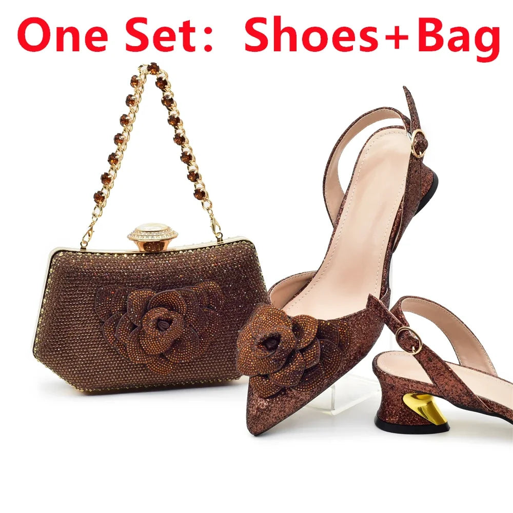 Designers Ladies Luxury Italian Party Shoes and Bag Set for Women Rhinestone-Decorated Suitable for Bride's Wedding
