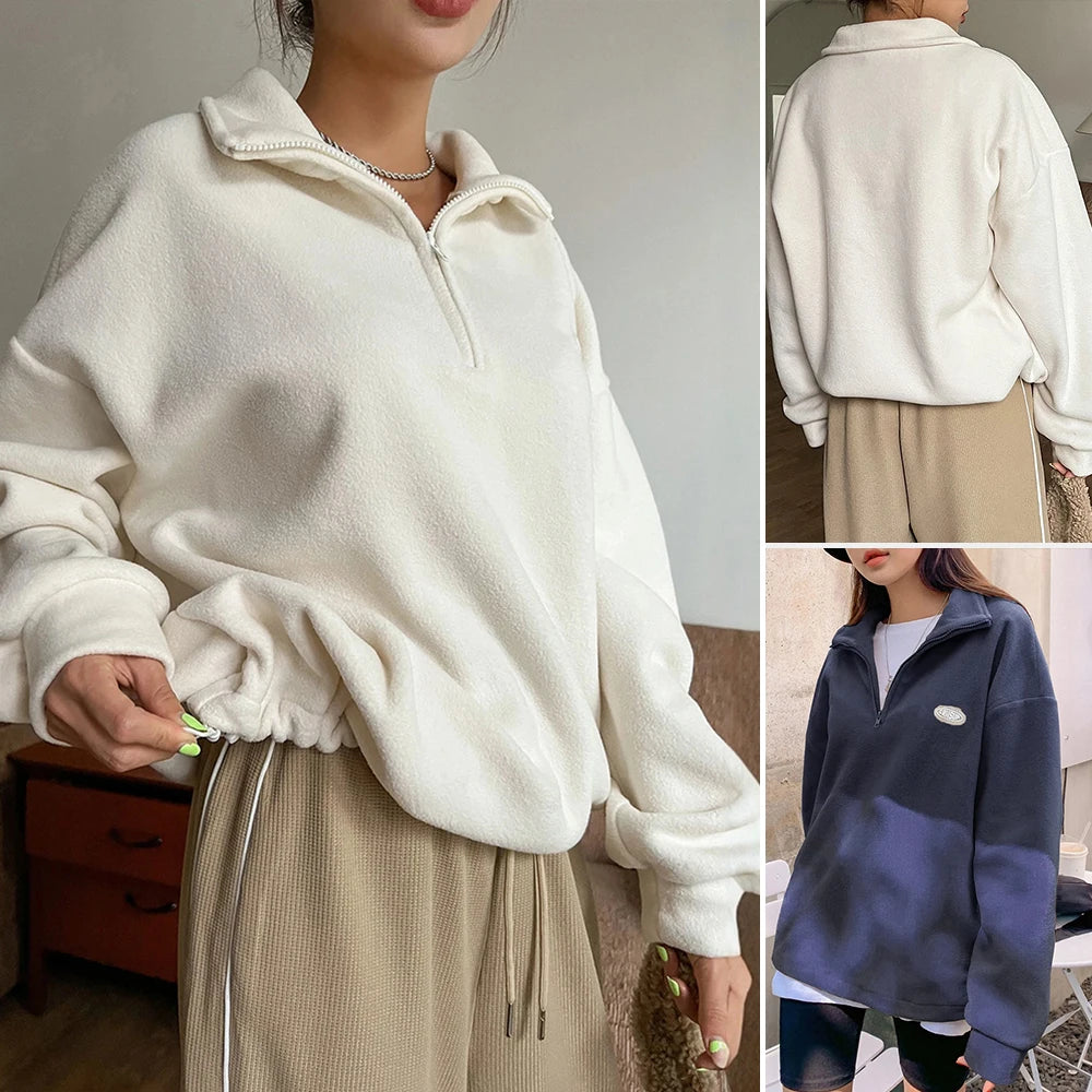 Autumn Winter Hoodies 2025 Women's Comfy Solid Colour Long Sleeve Zipper Half Open Collar Comfortable Loose Fit Hoodies