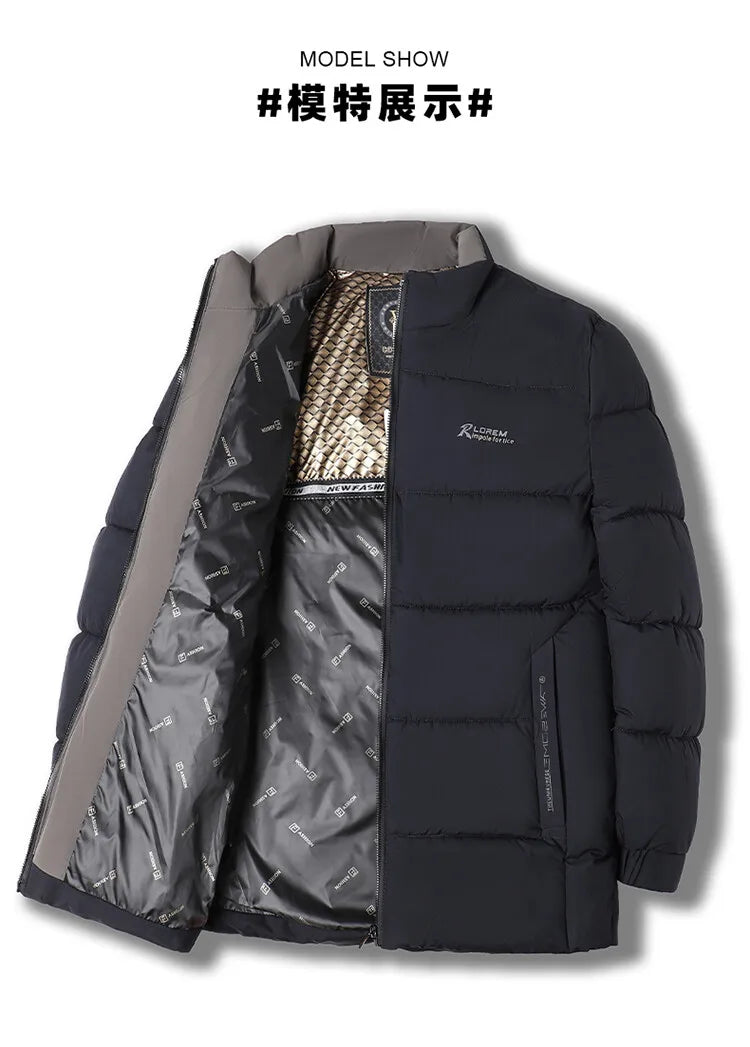 Men's High-Quality Solid Colour Business Casual Thickened Warm Cotton Jacket With Standing Collar Suitable For Male Daily Commute