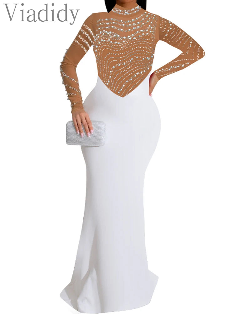 Sexy Mesh Patchwork Rhinestone Beads Floor Length Party Long Dress
