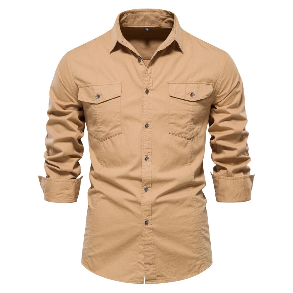 Men's Autumn Military Style 100% Cotton Pocket Shirt Solid Colour Slim Casual Long Sleeve Male Shirt For Men