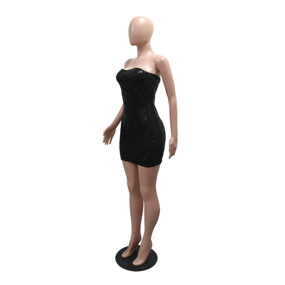Women's Sexy Solid Color Sequin Decor Sleeveless Backless Bandeau Party Dress
