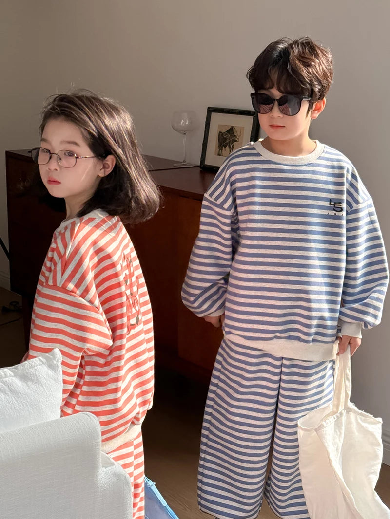 Spring Children's Clothes Boys' Tracksuit Kid's O-Neck Hoodie Set Girls' Korea Striped Letter Printed Sweatshirt 2Pcs Suit 4-6Y Unisex