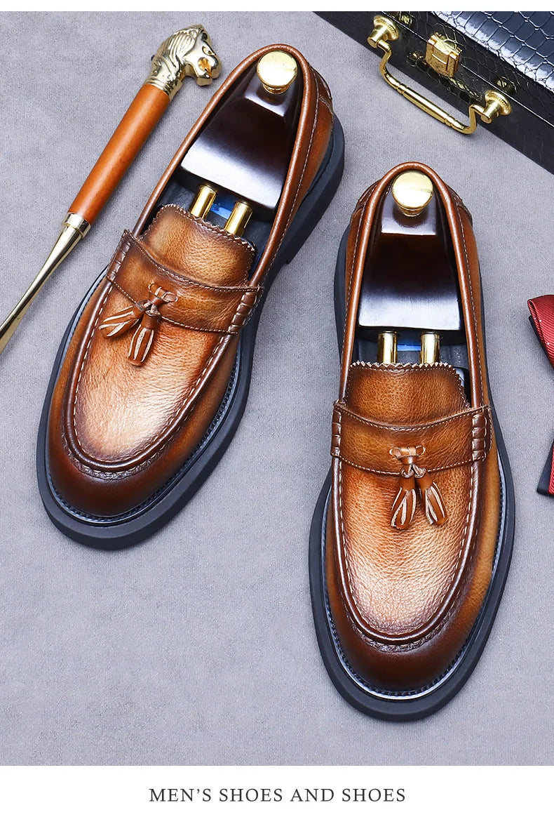 YETTIES Soft Leather Elegant Mens Dress Loafers Shoes Luxury Genuine Leather Tassel Thick Soled Wedding Social Formal Shoes