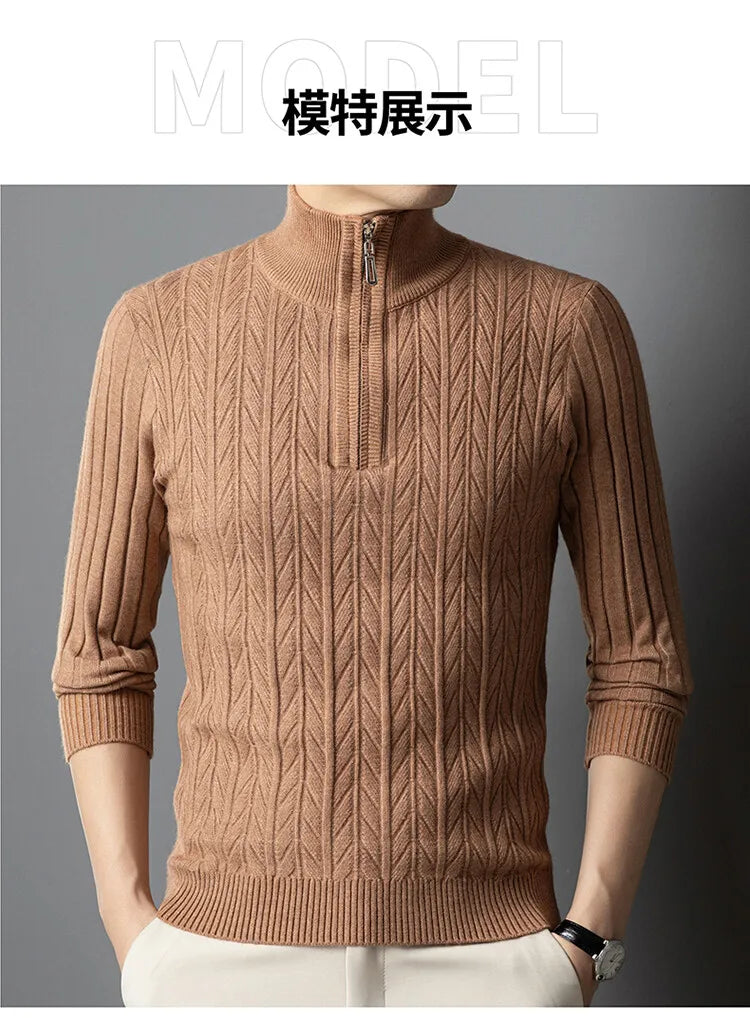Men's High-Quality Semi-High-Neck, Business Casual Warm Sweater, Stretchy Striped Male Pullover Sizes M-4XL