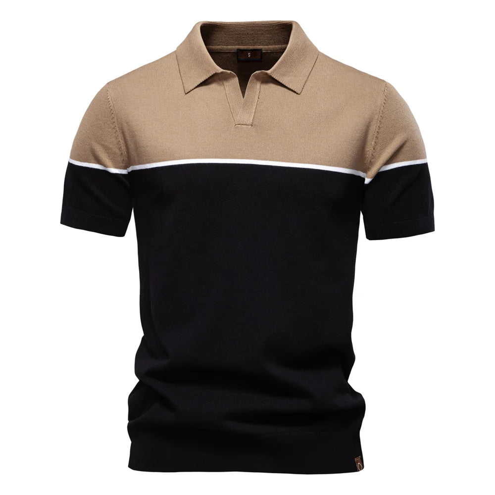 Men's Athletic V-Neck Colour Block Polo Shirt Social Event Polo Shirts for Men Contrast Sport Slim Fit Polo