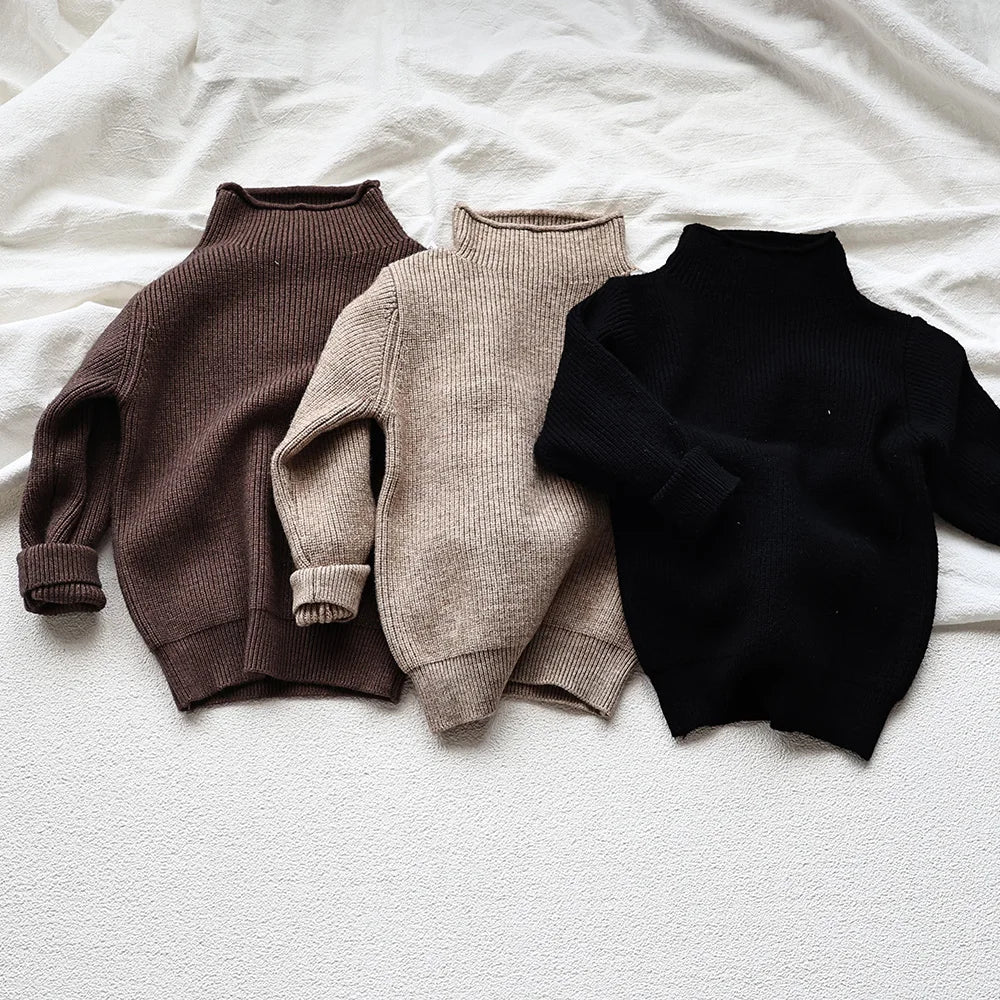 2025 Autumn Winter Comfort Kids Turtleneck Pullover Sweaters Solid Boys Girls Matching Knit Tops Toddler Warm Knitwear Sweaters 1-12Y Unisex