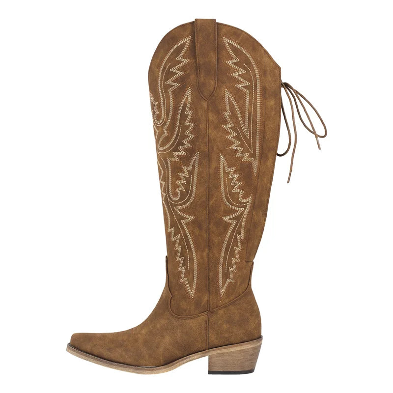 Women Pointed Toe Side Zipper Embroidered Western Cowboy Boots Block Heel Cowgirl Booties