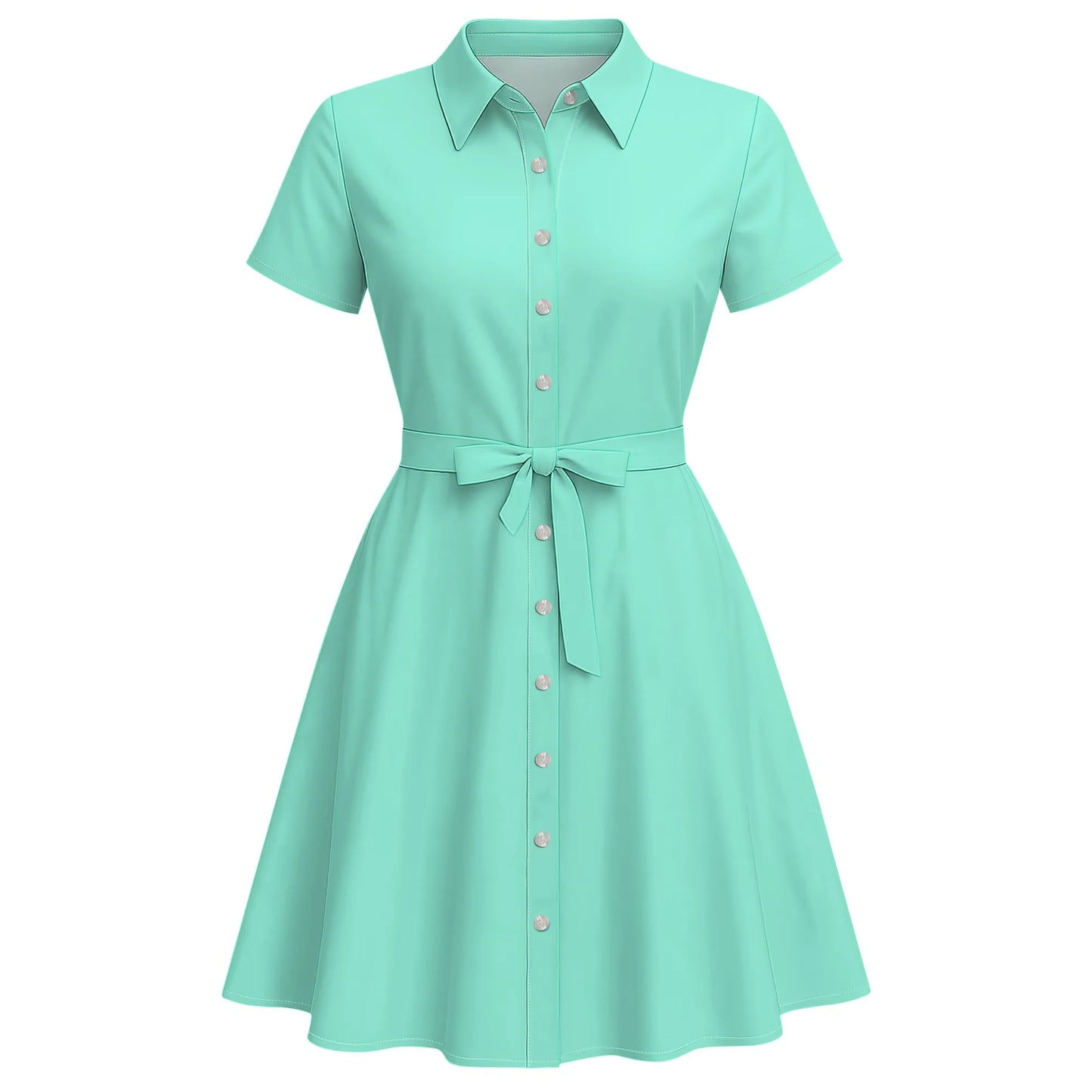 Women's Fashion Button Up Split Dresses Short Sleeve Casual Solid Color Midi Dress A-Line Swing Dresses with Belt