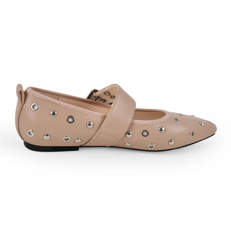 Women Pointed Toe Flats Comfortable Buckle Strap Mary Jane Studded Shoes