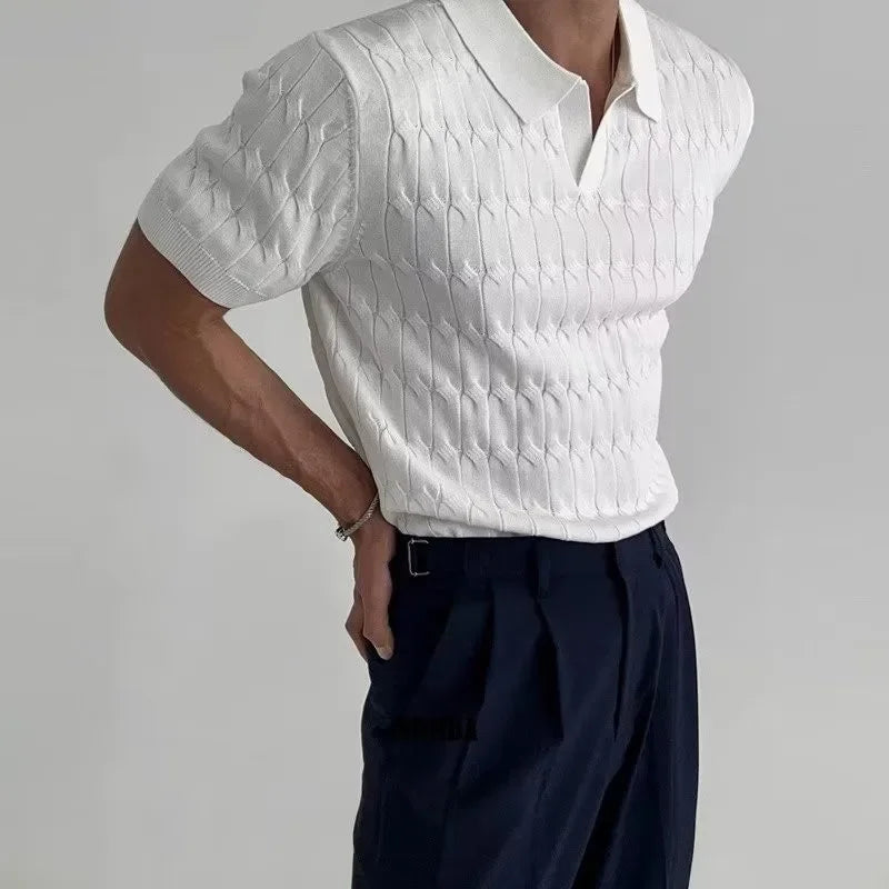 Men's Jacquard Knitted Polo, Casual V-Neck Striped T-shirt, Solid Colour Short Sleeved Lightweight Breathable Luxury Male Clothing