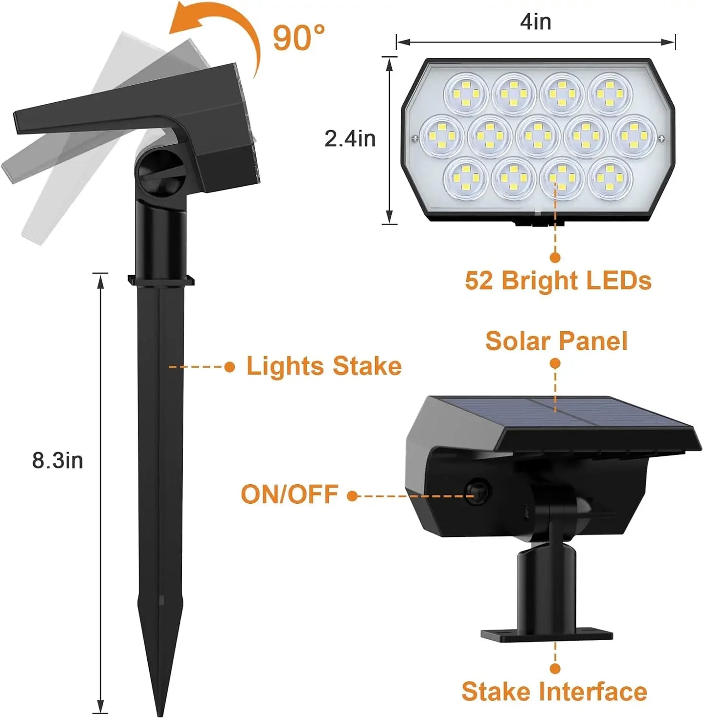 52 LED-Solarstrahler für den Außenbereich, IP65, wasserdicht, mit 3 Modi, Landschaftsbeleuchtung für Gehwege, Hof, Garten