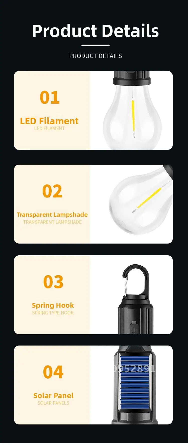 Solar Charging Retro LED/Tungsten Camping Light Emergency Tent Bulb Outdoor Lighting Cross Border New Style