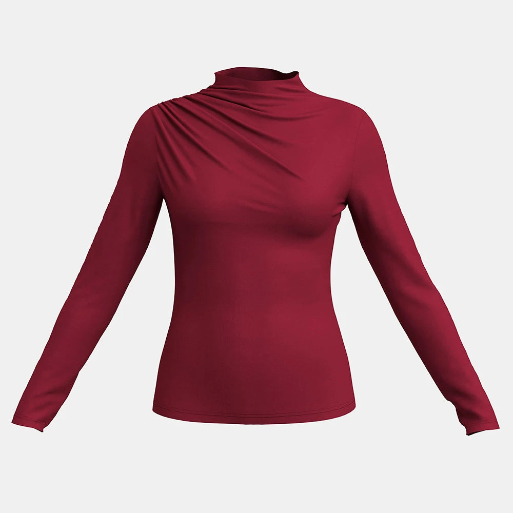 Women's T-Shirts Autumn Slim French Red Long Sleeve High-Neck Ruffle Regular Casual T-Shirts