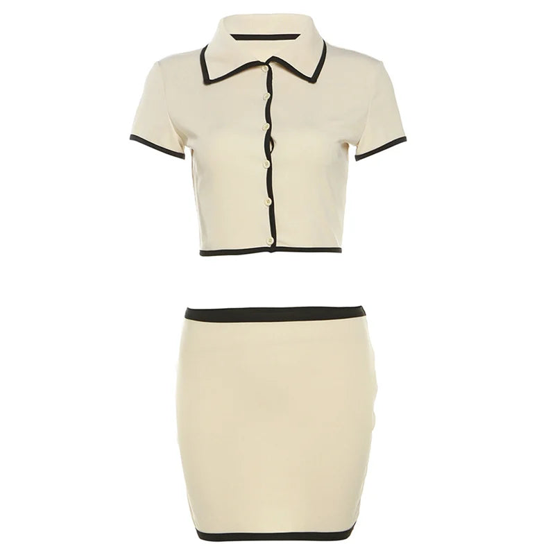 Women's Ribbed 2 Piece Set Polo Neck Cardigan Crop Tops + Stretch Skirts Matching Casual Simple Trend Elegant Outfits