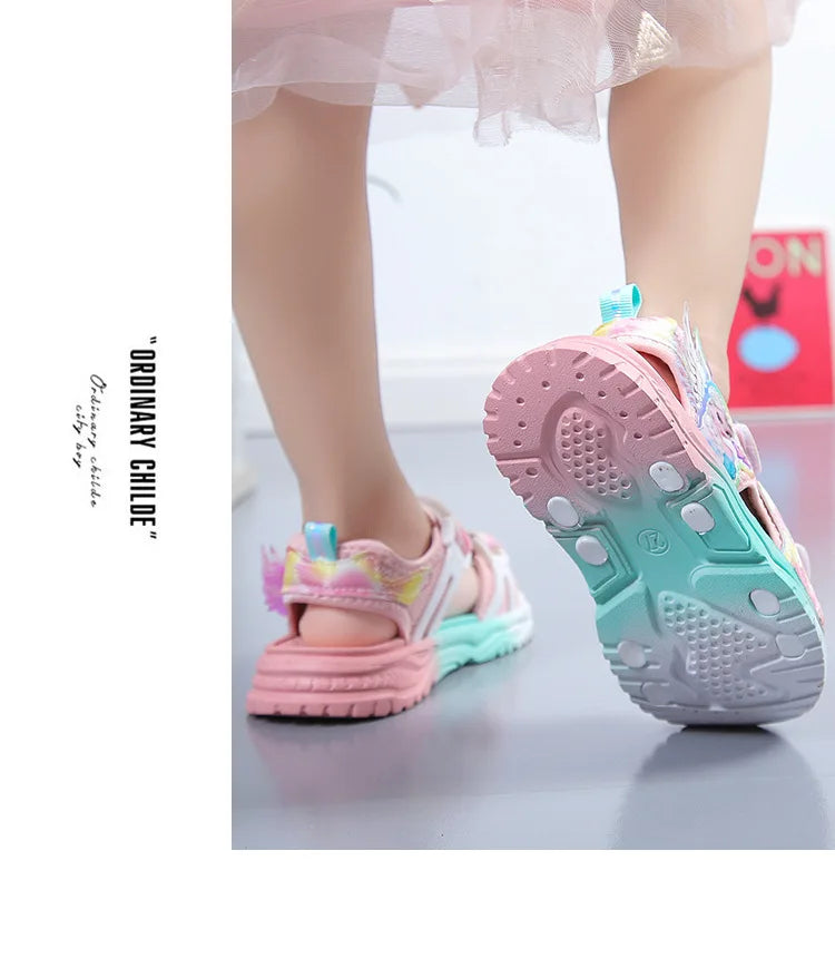 Disney Children Shoes Summer Elsa Girls Mesh Beach Sandals Fashion Frozen Princess Soft Bottom Light Peep Toe Sandals Size 26-36