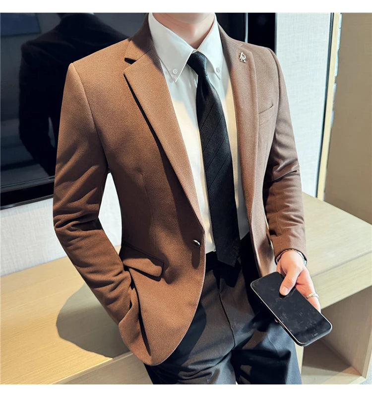Men's Thickened High-Quality Daily Work Formal Single-Breasted Woollen Coat with Dark Stripe for Autumn and Winter Size S-4XL