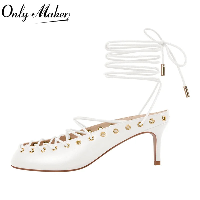 Women White Closed ToeLace Up Mules Kitten Heel Stiletto Summer Sandals Coeset Heels