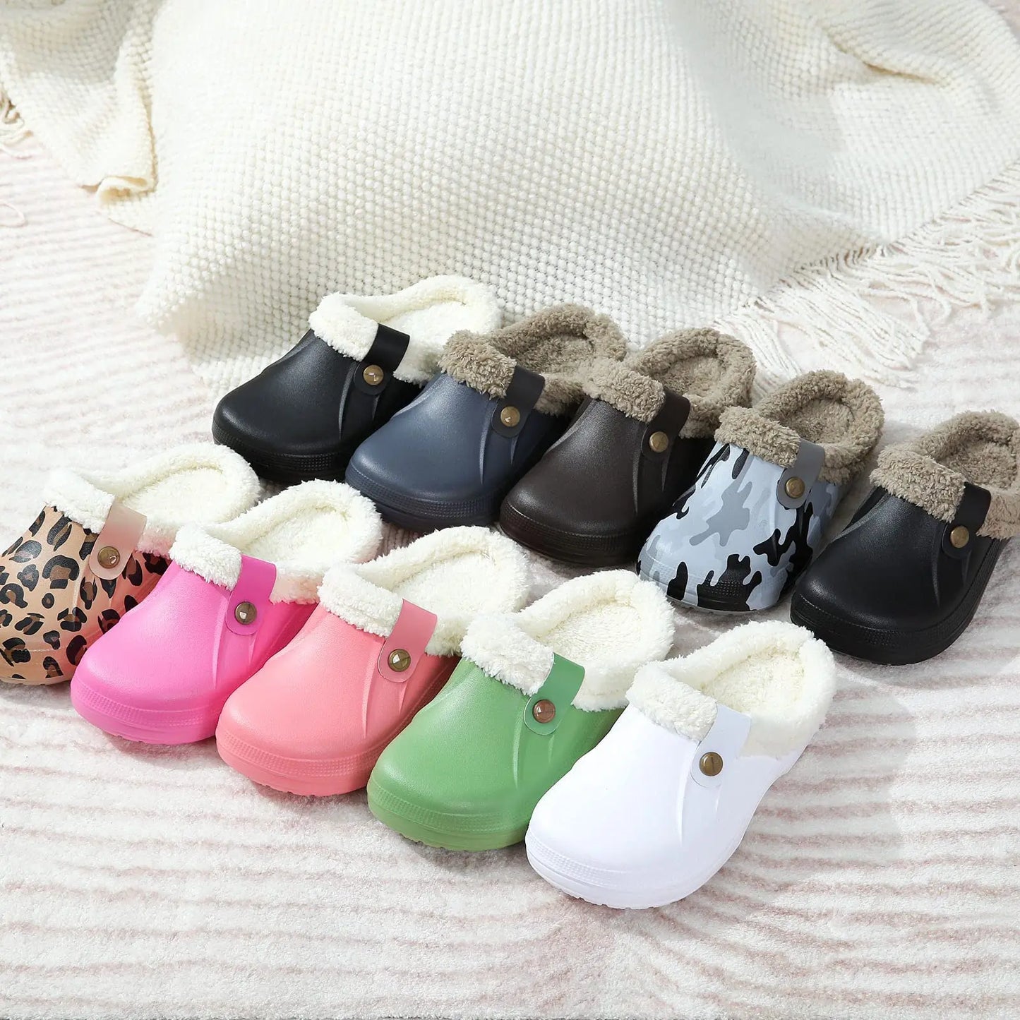 Unisex Plush Garden Winter Slippers Fur Clogs Slippers Non-Slips Cosy Fuzzy Home Slides With Soft Furry Waterproof For Men & Women