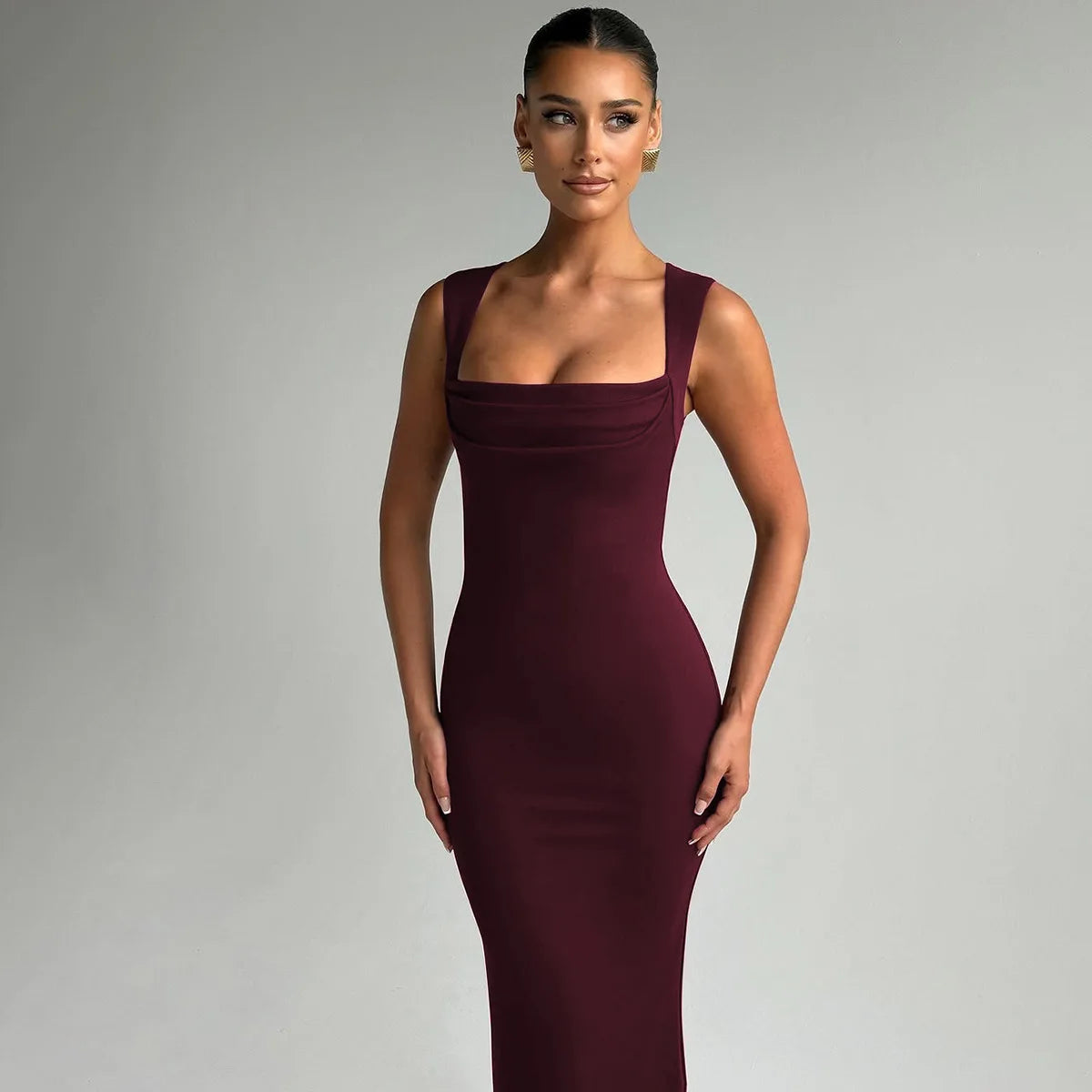 Square Neck Elegant Maxi Dress Club Party Outfits Solid Sexy Sleeveless Birthday Evening Bodycon Dresses Gown