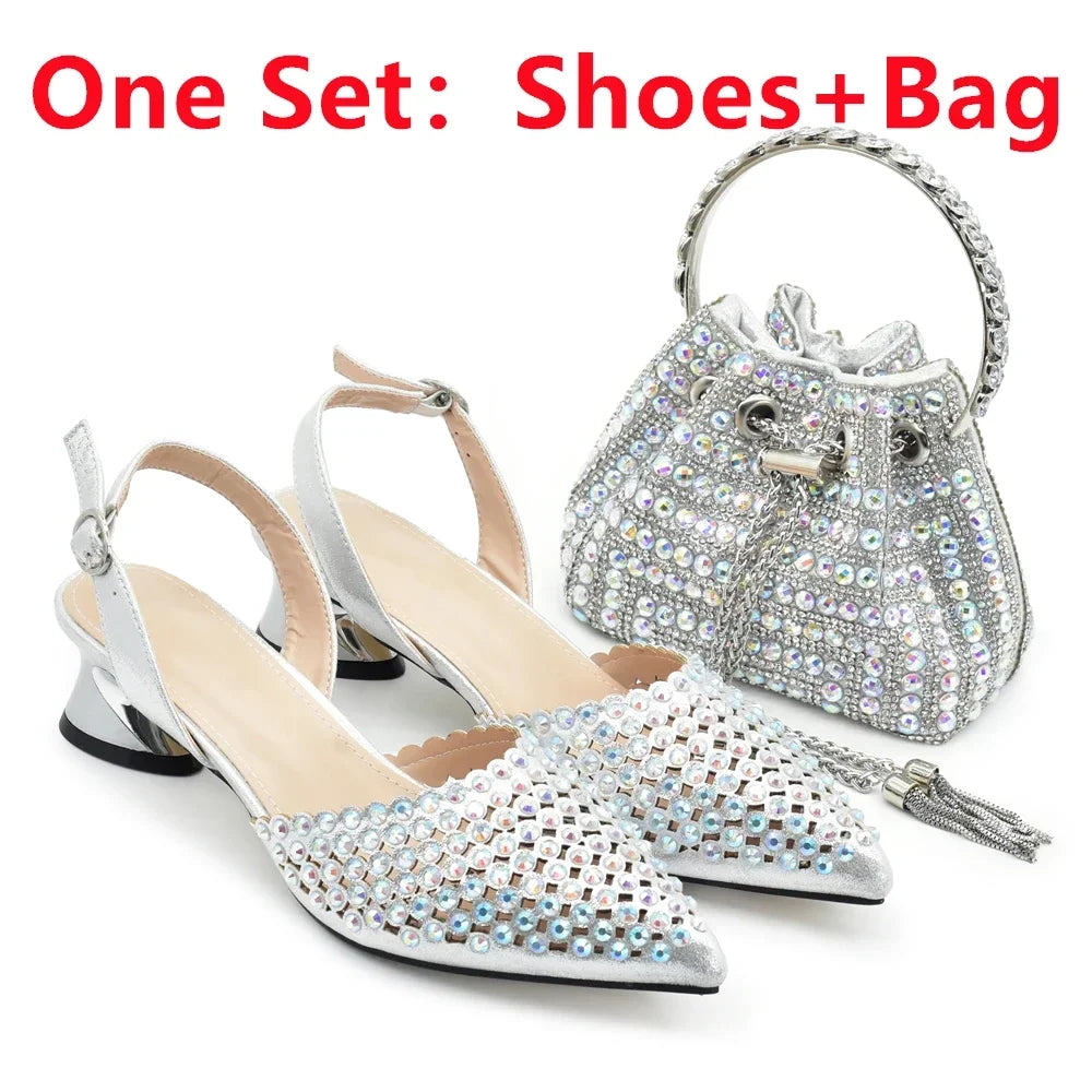 Italian Shoes with Matching Bags Set Rhinestone-Decorated with Medium Heels for African Ladies' Party Pumps