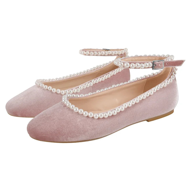 Women Velvet Pearls Flats Round Toe Pink Strap Retro Elegant Big Size Slip On Daily Flats