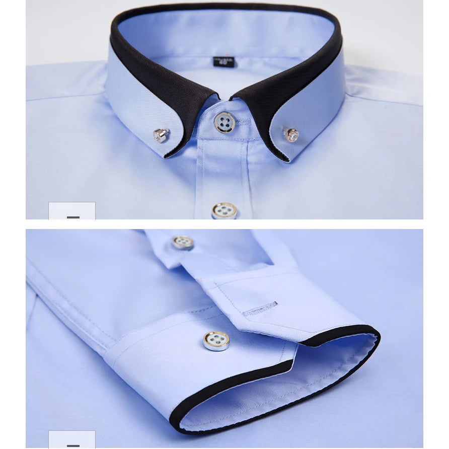Men's Double Collar Shirt Long Sleeves Fashion Formal Classic Business Dress Shirt Black Casual Slim Fit Breathable Non-Iron Top