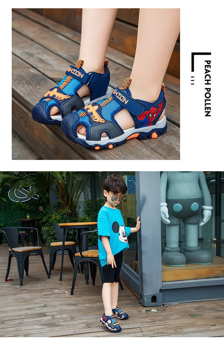 Children Sandals Male Summer Sandals Student Open Peep Toe Cartoon Beach Anti slip Soft Sole Black Blue Shoes Size 26-35