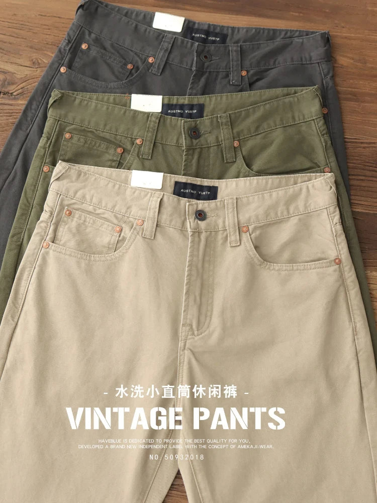 2025 Spring and Autumn New American Retro Woven Twill Cargo Pants Men's Simple 100% Cotton Washed Old Straight Casual Trousers