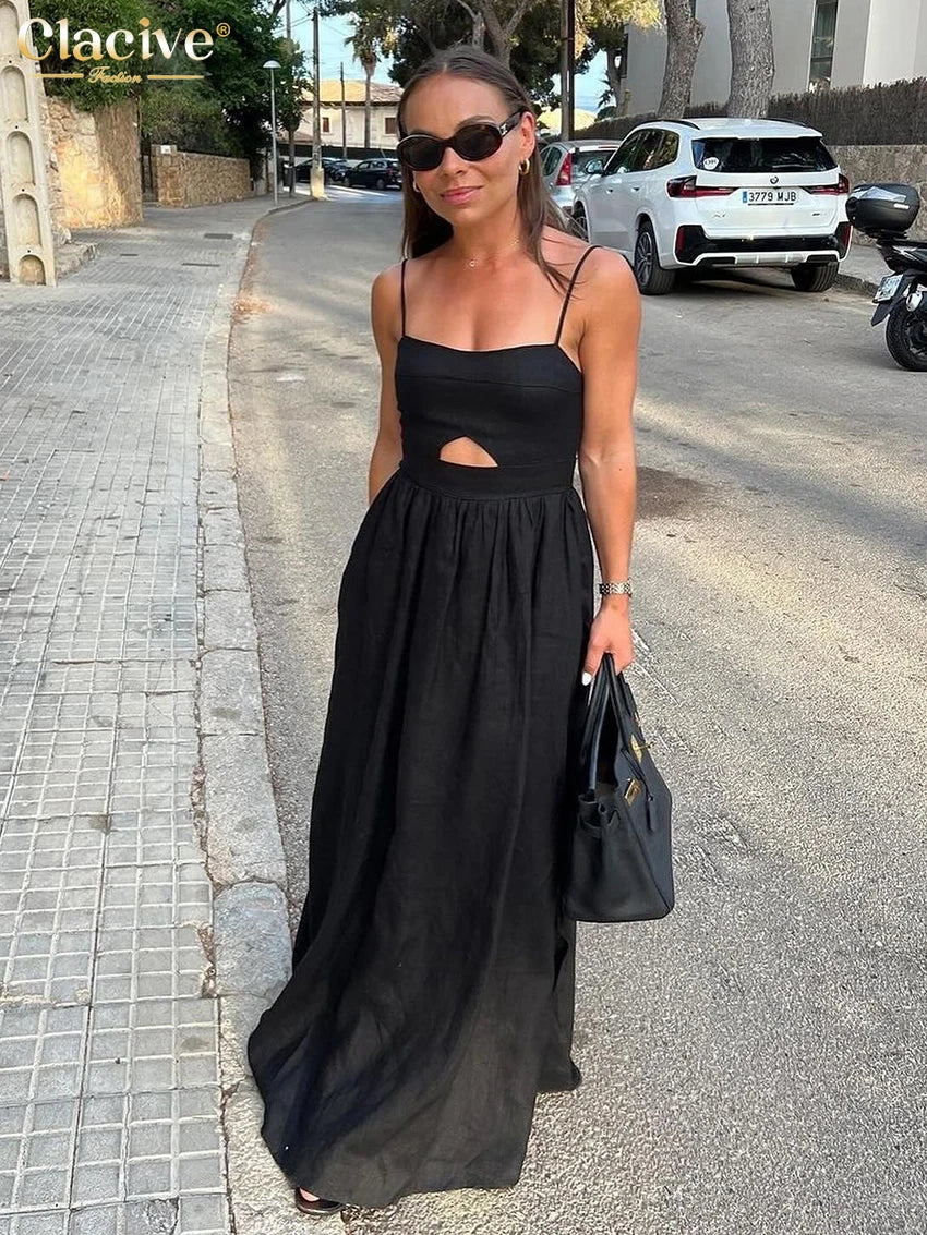 Sexy Loose Black Cotton Womens Dresses 2024 Summer Strap Sleeveless Ankle Length Dress Elegant Hollow Out Female Dress