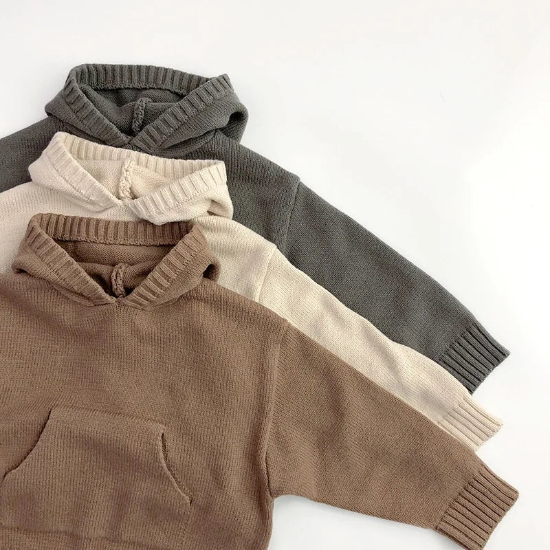 Front Pocket Fine Knit Children Boys Girl Sweaters Hoodie Knit Pullover Loose Style Girl Hooded Toddler Knitwear Coat 1-6Y Unisex