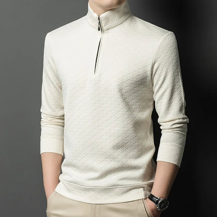 Men's Zipper Stand-Up Collar Long Sleeve T-shirt, Autumn & Winter Fashion Brand Loose Pullover With Advanced Geometric Jacquard Fabric