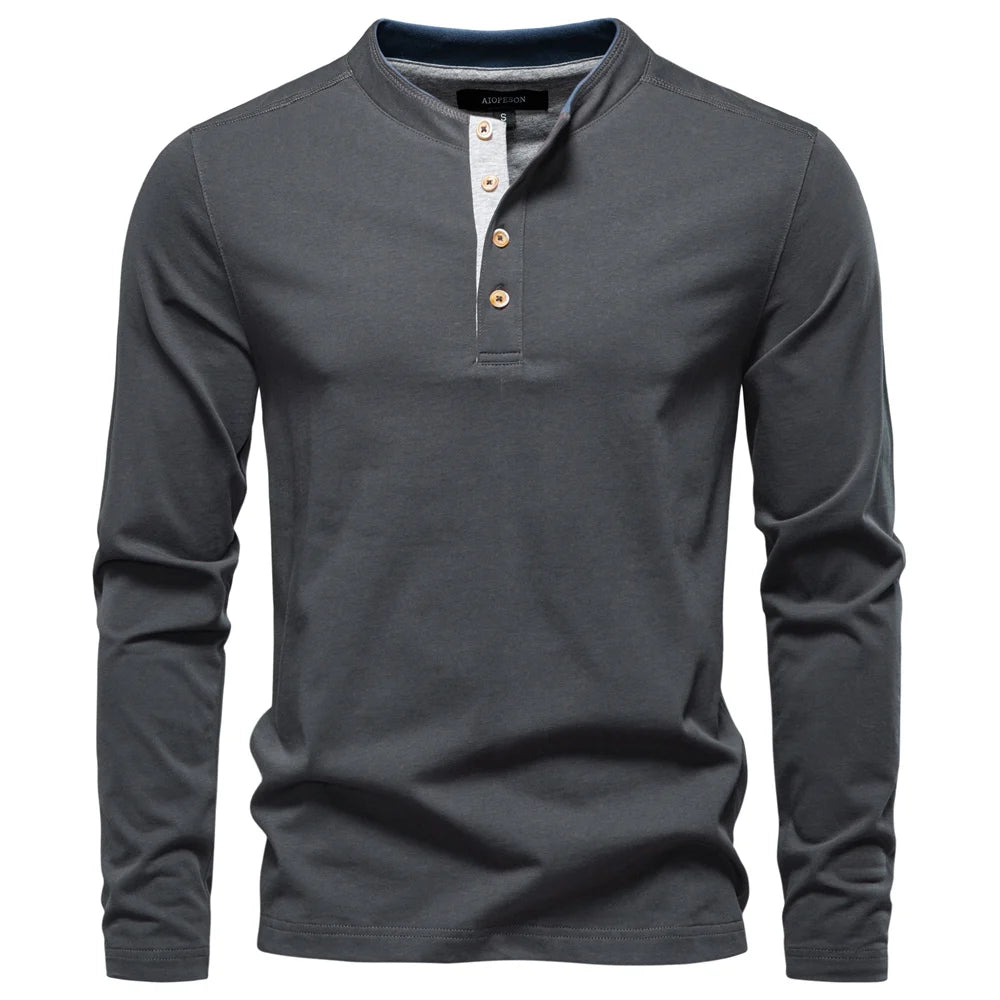 Men's Long Sleeve Fashion High Quality Cotton T-Shirt With Button Collar Basic Male T-Shirt