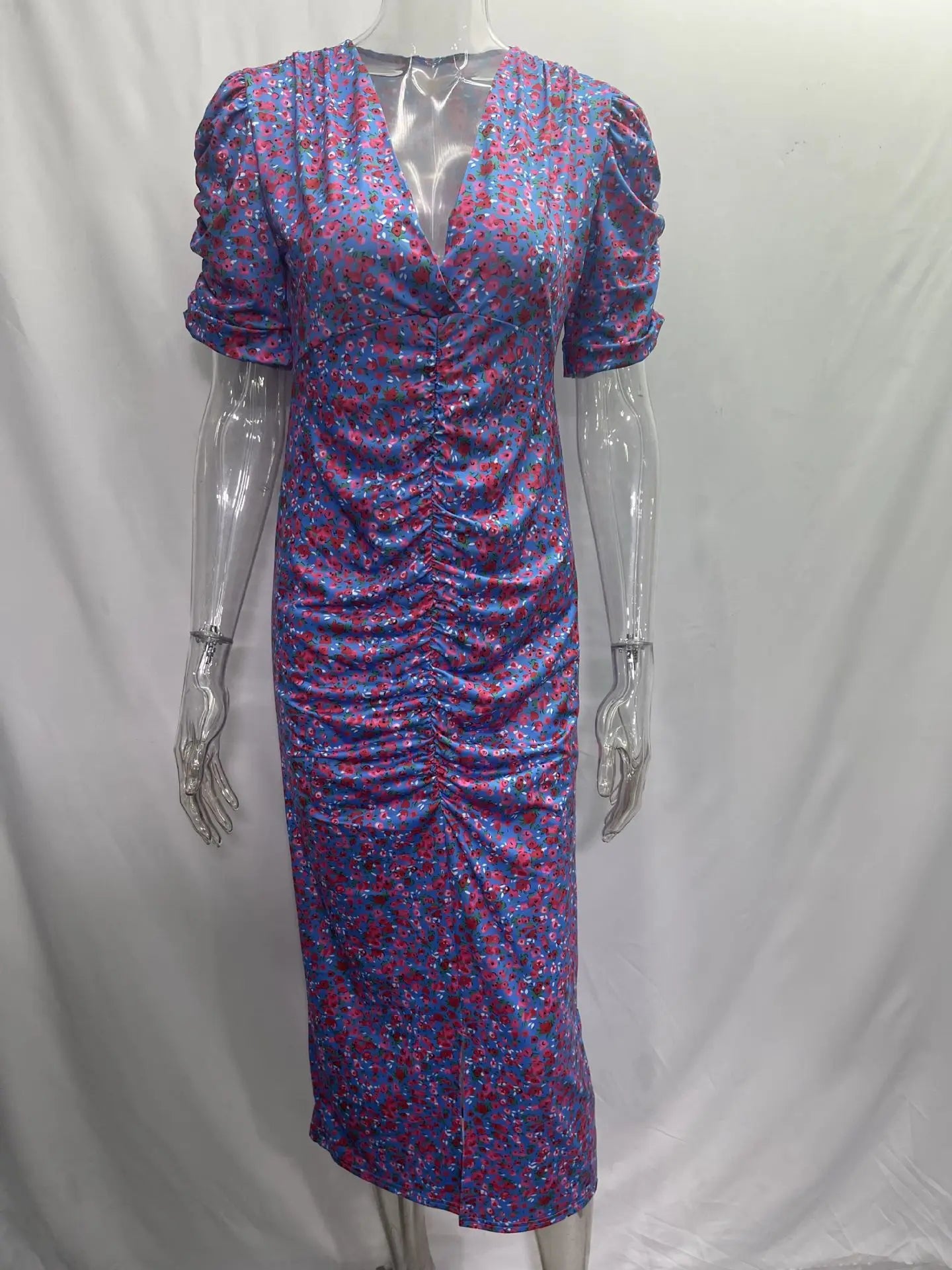 Women Sexy Deep V Dress Summer New Pile Up Sleeves Slim Floral Print Elegant Dress Fashion Short Sleeve Party Vestidos