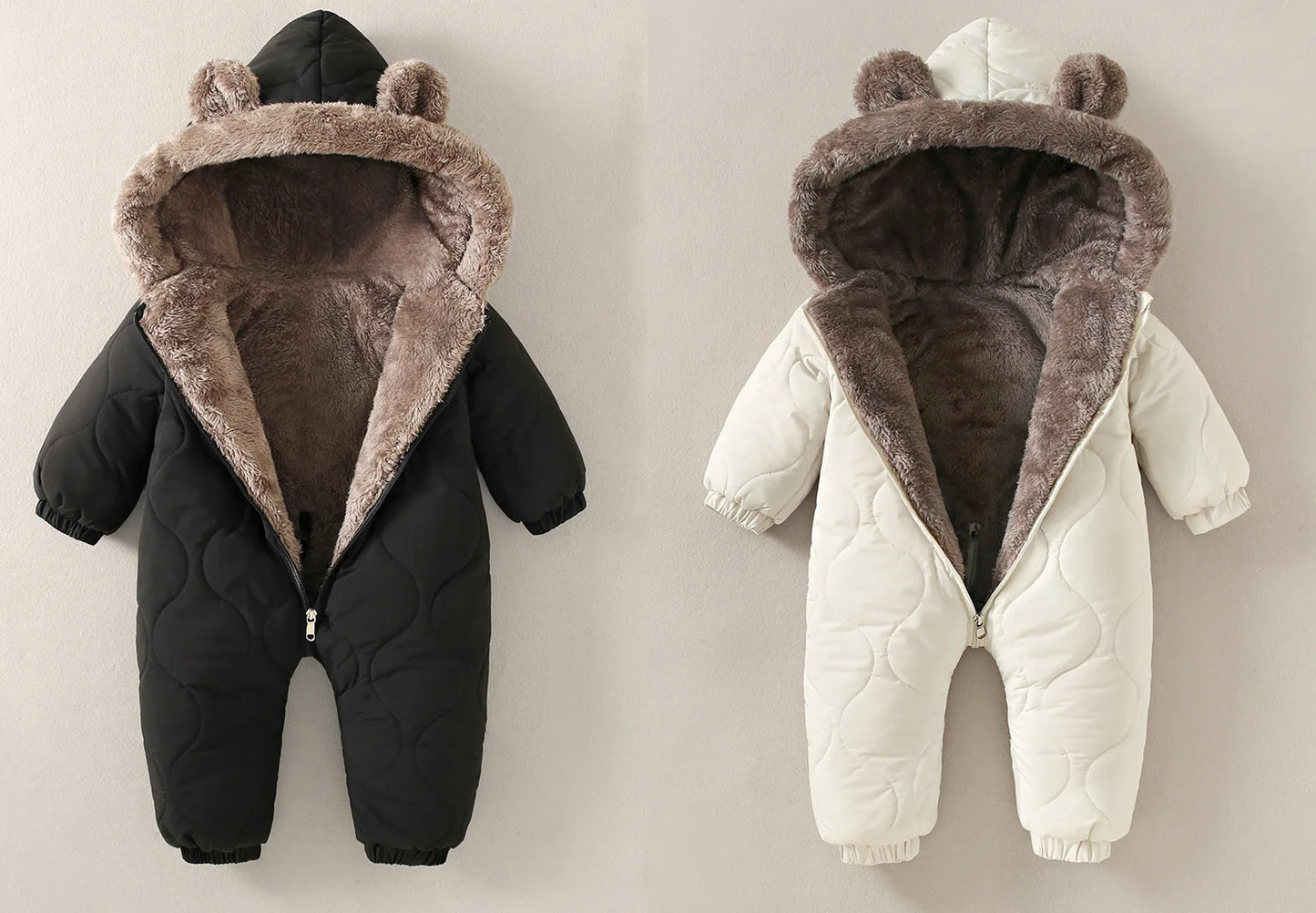 Baby's Winter Warm Clothes Fur Lining Rompers Fur Hoodie Jumpsuit Thicken Fleece Toddler Outfit 0-2Y