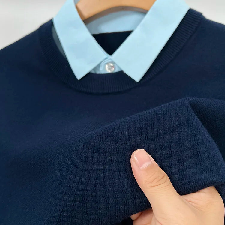 Unisex Knit Sweater Dark Navy False Two-Piece Design Thickened Layered Look With Built-in Collar Soft Touch & Warm Sweater For Men & Women