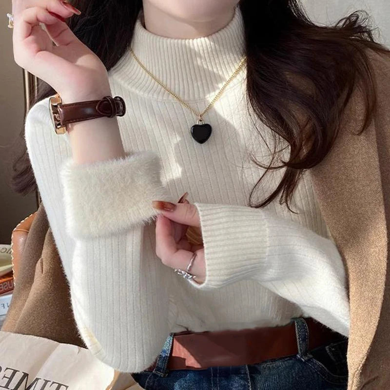 Women's Turtleneck Sweater Winter Retro Red With Velvet Lining Thickened Inner Wear Thermal Knitting Bottoming Shirt